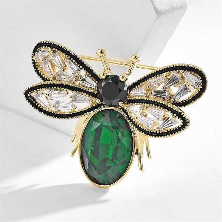Hollow Out Bee & Rhinestone & Gemstone Decor Brooch Pin